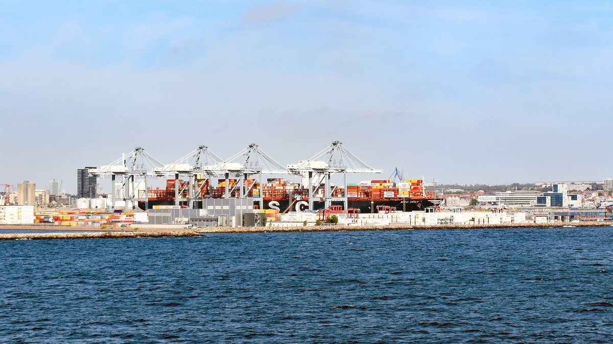 Containerschiff MSC INGY (IMO: 9755945) im Hafen von Aarhus (Dänemark)