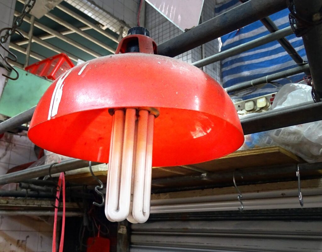 Leuchte mit rotem Lampenschirm und riesiger Energiesparlampe im Java Road Market in North Point, Hongkong